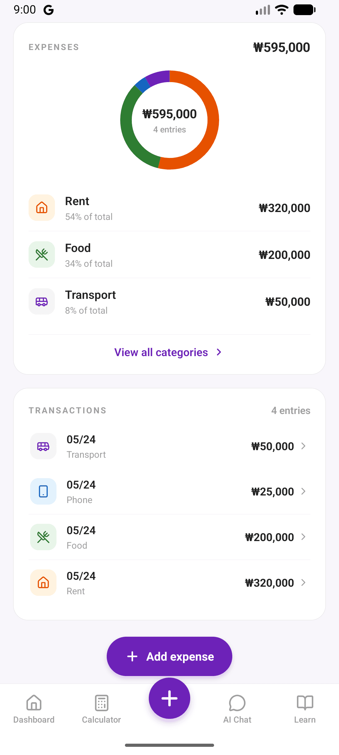Budget Tracker, bottom half. Expenses donut, top categories, transactions list.