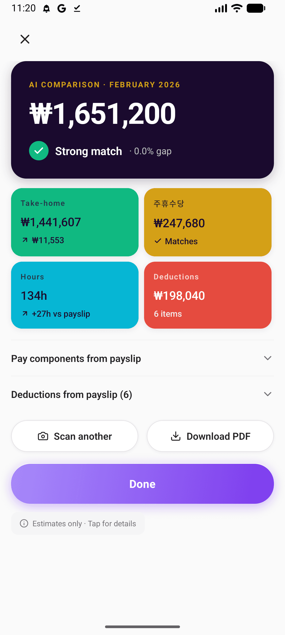 Payslip Scanner comparison result. Strong match. Take-home, 주휴수당, hours, and deductions each compared to your logged hours, with a Download PDF button.